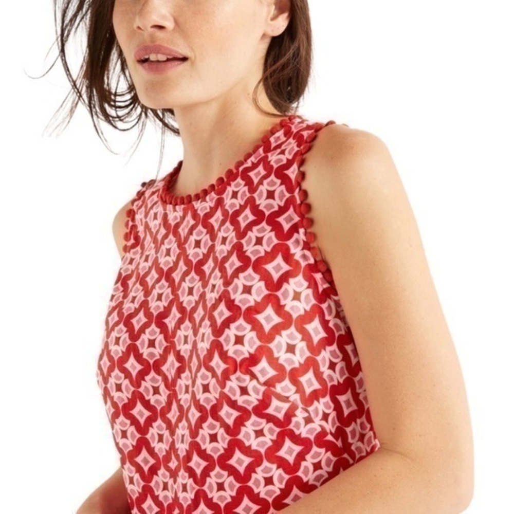 Boden Romaine Geometric Block Print Linen Sleeveless Pom‎ Pom Shift Dress